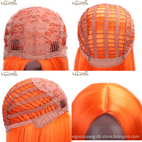 Vigorous Short Straight Bob Wig Middle Part Synthetic Cosplay Wigs For Women High Temperature 14 inches Orange Color Wholesale